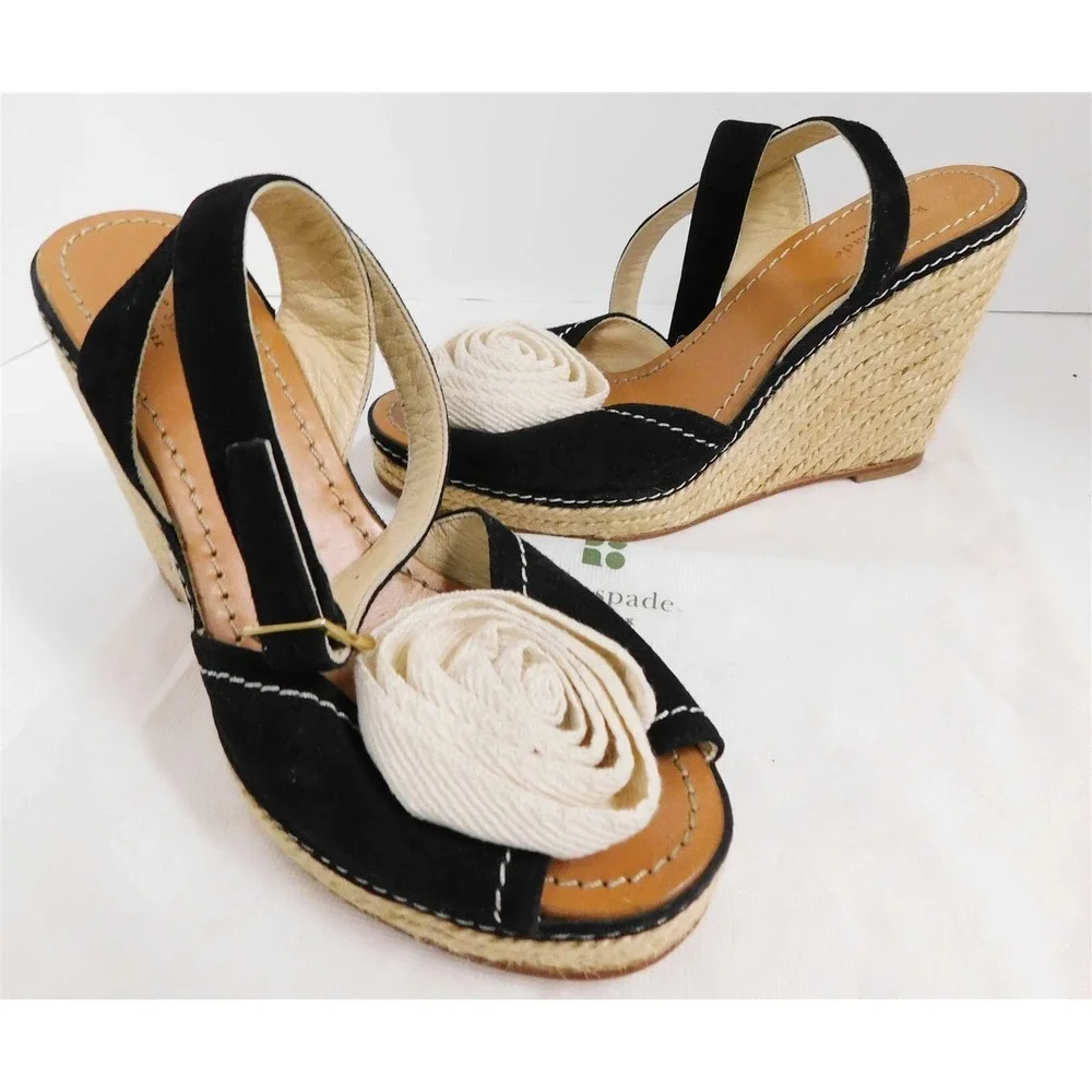 Kate Spade Britt Black‎ Nubuck Rosette Espadrille Wedge Heels 8.5 M